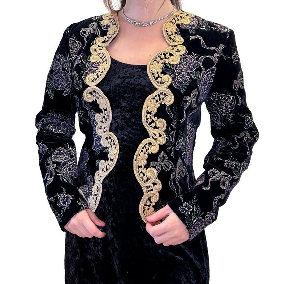 Vintage 80s Scott McClintock Black Gold Velvet Floral Jacket Blazer Size S - Picture 1 of 9